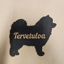 Katso kuvagalleriassa, keeshond koirakyltti, puinen ovikyltti koiran hahmolla
